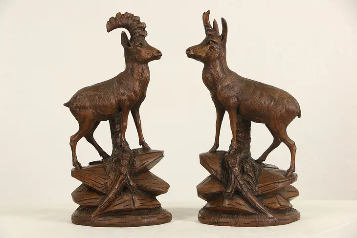 Black Forest Carved Pair of Deer & Ram Sculptures, 1880's Antique Walnut