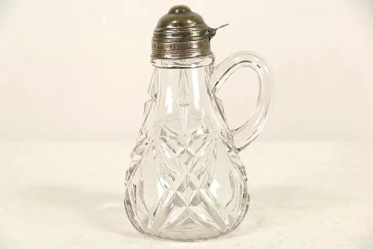 Victorian Blown 1890 Antique Pattern Glass Syrupor Cream Pitcher, Brass Lid