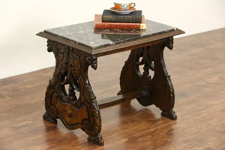 Marble Top Coffee or Chairside 1920's Belgian Table, Carved Eagles
