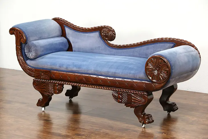 Empire 1895 Antique Chaise, Recamier, Lounge or Sofa, Carved Paw Feet