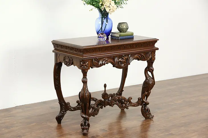 Hall Console 1910 Antique Table, Carved Cranes & Dragons