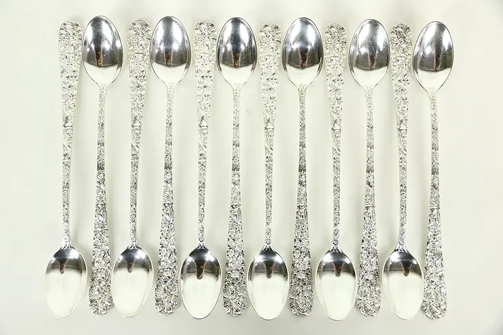 Set of 12 Ice Tea Spoons, Repousse Sterling Silver by Kirk Stieff
