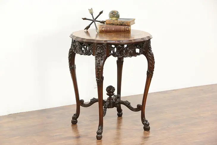 Carved Hall Center or Lamp Table, 1925 Antique with Marquetry