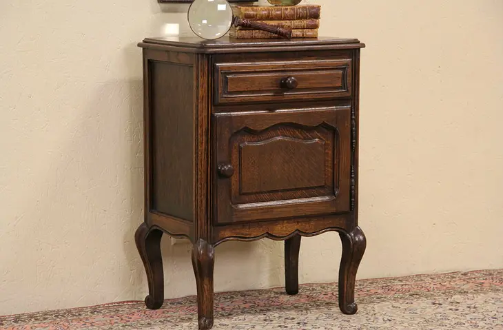 Country French 1920 Antique Oak Nightstand or Chairside Table
