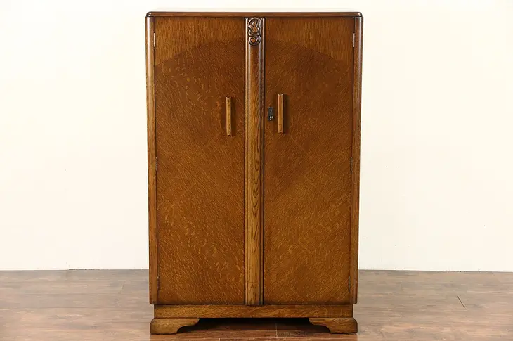 English Art Deco 1930's Oak Armoire, Wardrobe or Closet