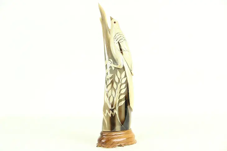 Bird Sculpture, Hand Carved Buffalo Horn, Thailand Folk Art 12 3/4" Tall