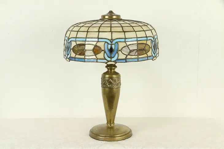 Leaded Stained Glass Shade Antique 1920 Lamp, Brass Base #31596