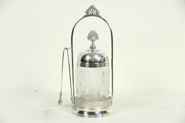 Victorian Antique 1890 Silverplate Pickle Castor or Server, Tongs
