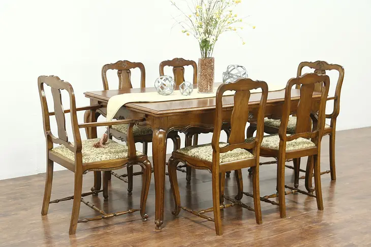 Country French Vintage Oak Dining Set, Table, 6 Chairs, New Upholstery #28809