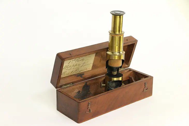 English Antique Brass Microscope, Inscription Wapping, Mahogany Case #30193