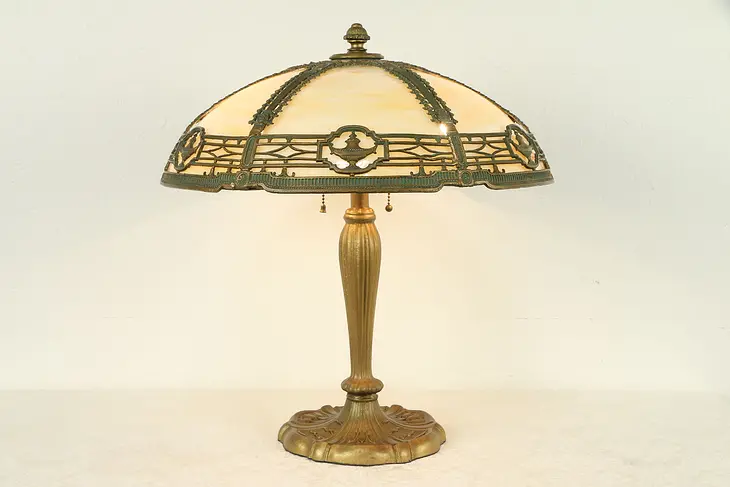 Lamp with Stained Glass Filigree Shade, Original Antique Painting #31337