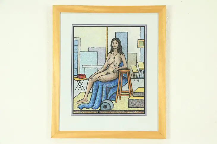 Original Bodden Oil Pastel 2013 Nude Female with Orange Stool