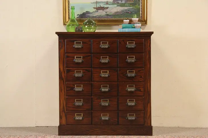 Oak Antique 18 Drawer File Cabinet Circa 1890 - Original Pulls