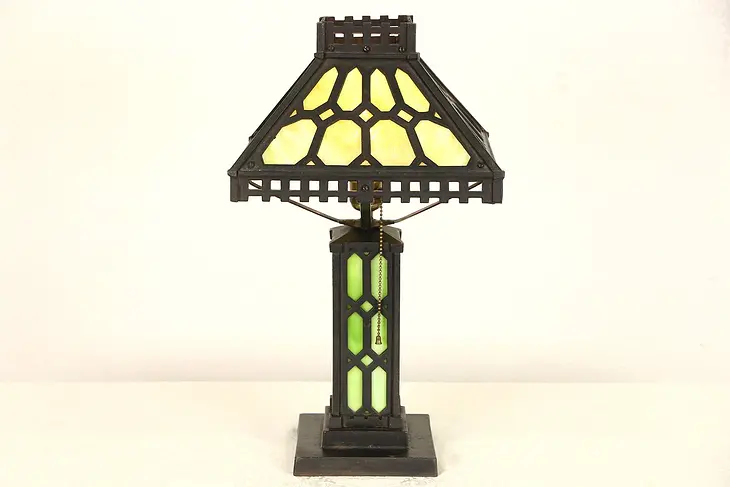 Arts & Crafts Mission Period 1905 Antique Iron Lamp, Stained Glass