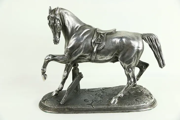 Pewter Horse Sculpture, 1900's Antique Statue, Signed