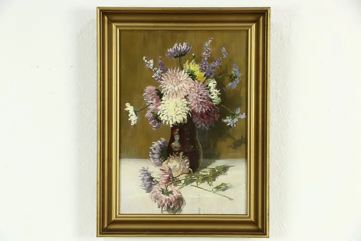 Flowers & Vase Still Life Original Oil Painting, 1920 Antique