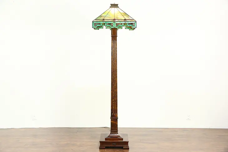 Arts & Crafts Antique Oak Craftsman Floor Lamp, Leaded Stained Glass Shade