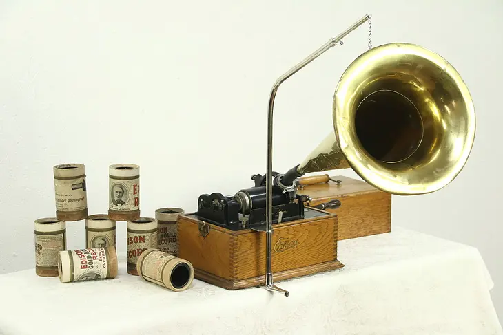 Edison Oak Antique Cylinder Record Player Phonograph, Brass Horn #28669