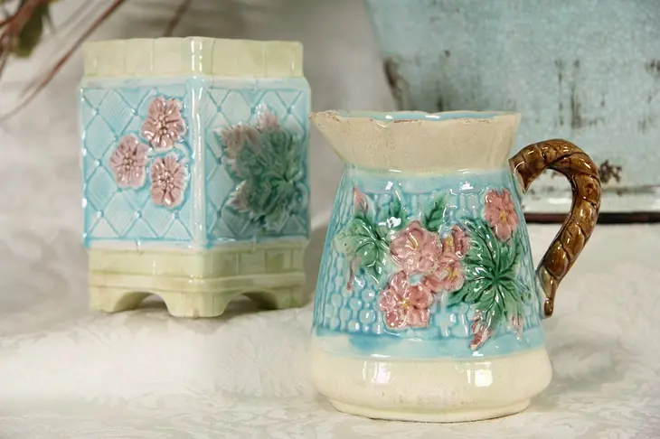 Majolica 1880 Antique Pitcher & Vase or Spooner