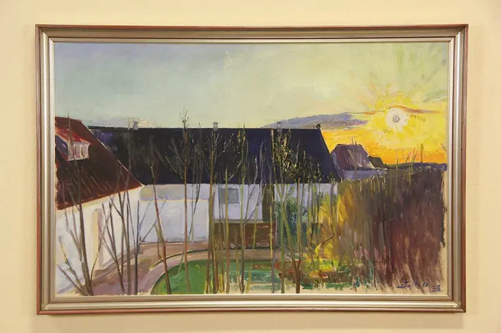 Sun Over Village in Denmark, Original Oil Painting, 1938, 51" Wide