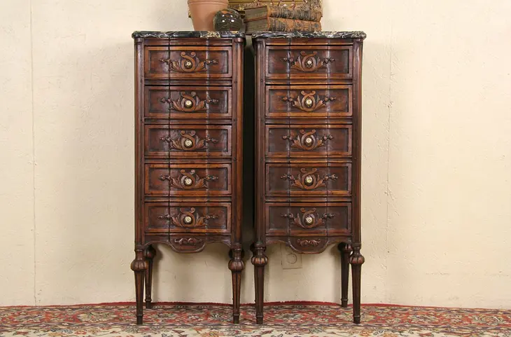 Pair of Black Marble Top Italian Carved Narrow Jewelry Chests or Nightstands