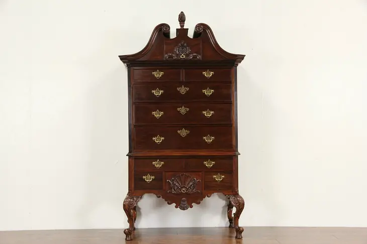 Georgian Centennial 1876 Antique Carved Mahogany Highboy Chest on Chest