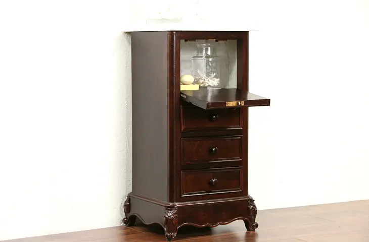 French Rosewood 1870 Antique Nightstand or Pedestal Cabinet, Marble Top