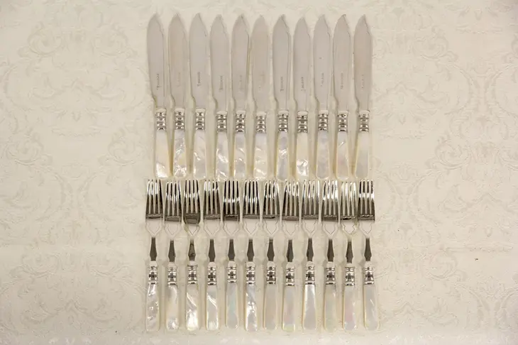 Victorian Silverplate & Pearl 1890's Antique Silverware Fish Set, Forks & Knives