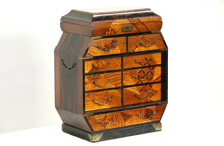 Japanese Antique 1900 Jewelry Chest, Marquetry & Hand Painted Lacquer