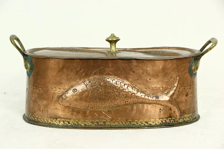 Copper Hand Hammered Antique Fish Poaching Pot, Brass Handles