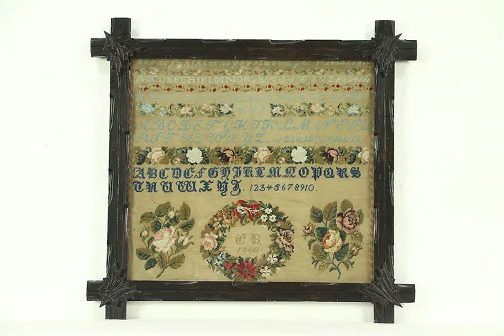 Needlepoint Sampler, Beadwork, Signed CB 1840, Carved Pine Frame