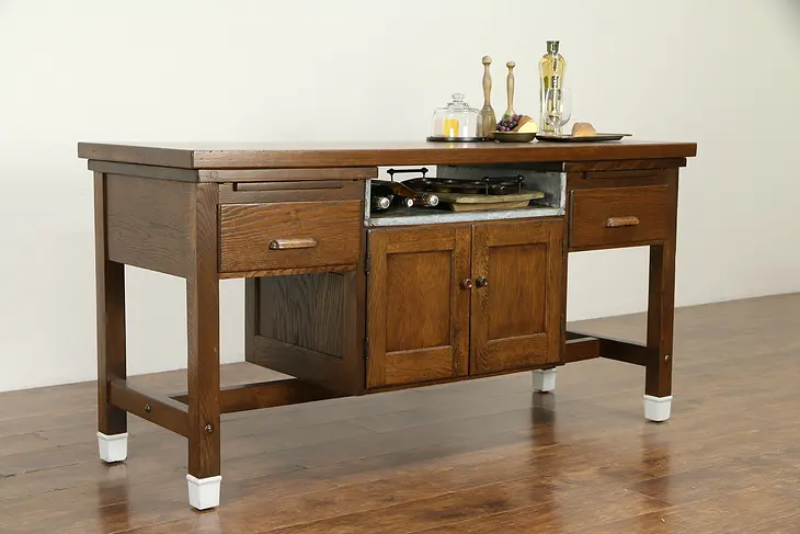 Oak Antique Kitchen Island, Wine & Cheese Tasting Table, Cooking School #29086