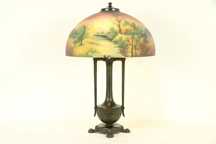 Moe Bridges Signed Antique Lamp, Reverse Painted Glass Shade #30421