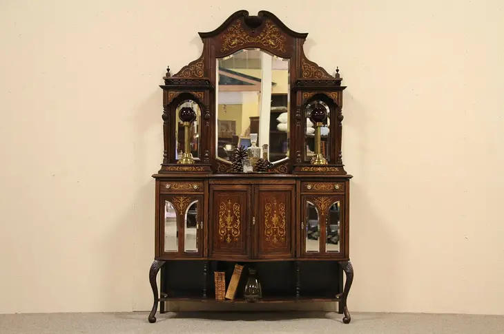 Rosewood & Marquetry Antique Etagere or Hall Console with Mirrors