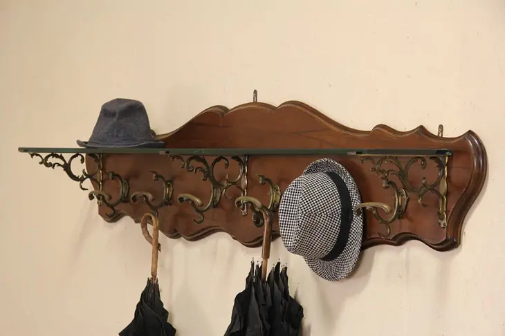 Italian 1920 Antique Hall Shelf, Coat & Hat Hooks