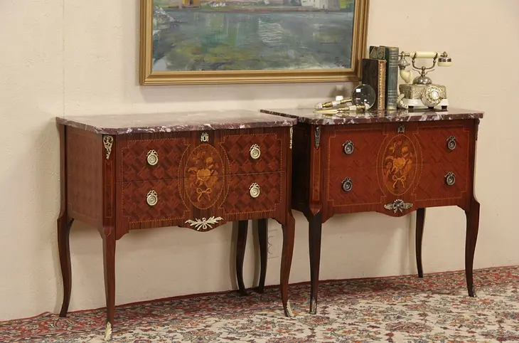 Pair of Marquetry Vintage Scandinavian Marble Top Chest, Commodes or Nightstands