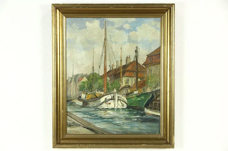 German Original Oil Painting of Fishing Boats, Germany 1930's, Signed Muhlbach