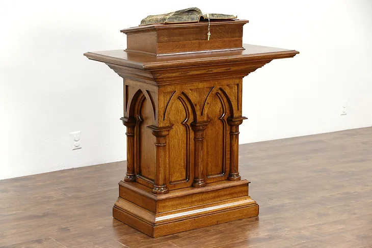 Oak Antique Gothic Carved Wall Bible Stand, Reverses to Lectern or Podium