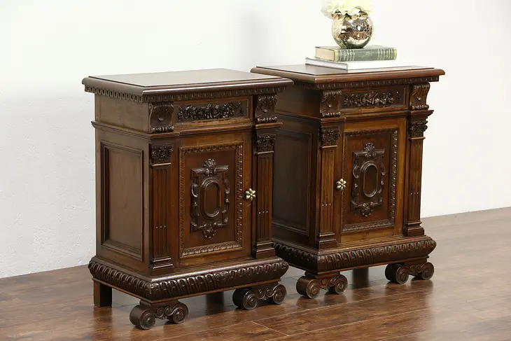 Pair Carved Italian 1920 Antique Walnut Nightstands, Signed Santi, Rome