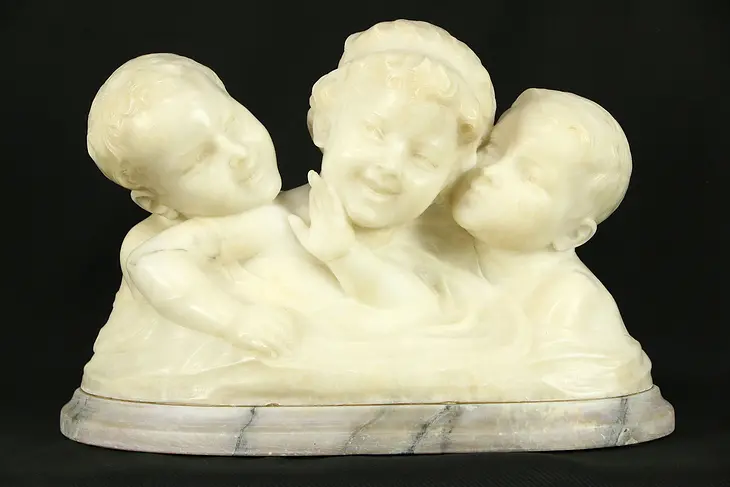 Marble Carved Sculpture of Children, 1890 Antique Statue, Signed Italy