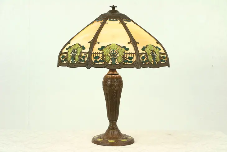 Table Lamp, Antique Stained Glass Curved Panel Shade, Signed A&R