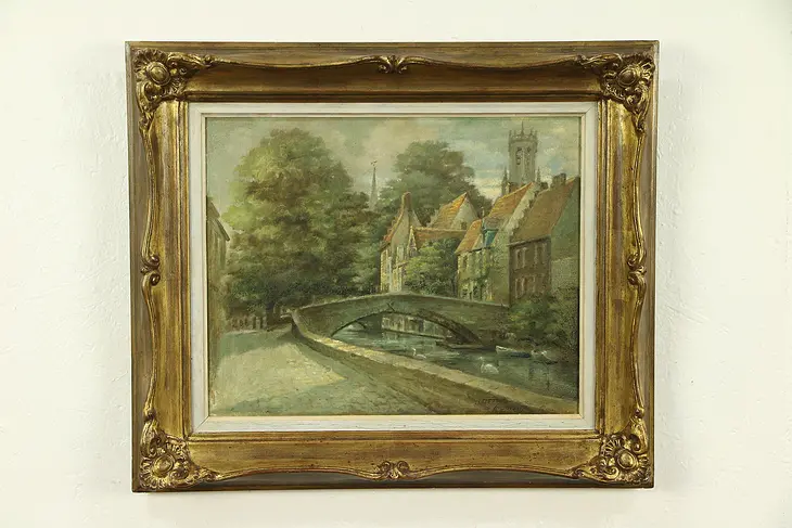 Bruges, Belgium Scene, Original Oil Painting on Canvas, Signed Otte 1961 #30547