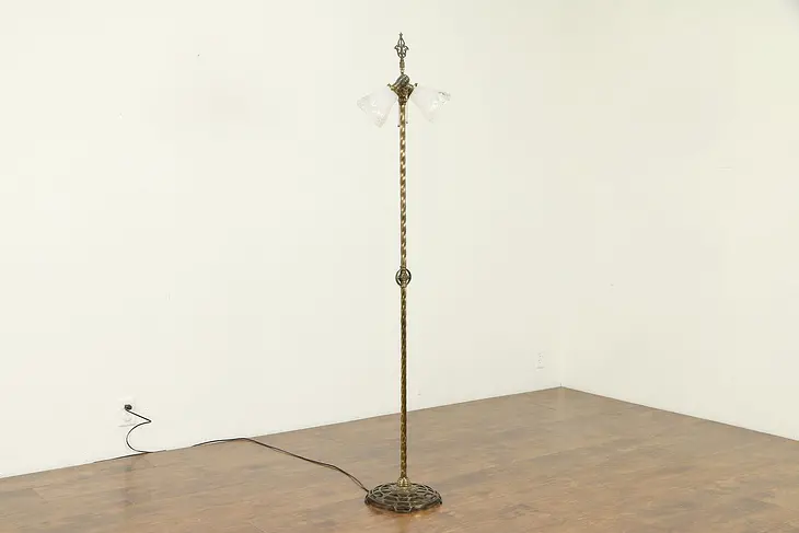 Floor Lamp, Antique Spiral Column, Etched Glass Shades #30956