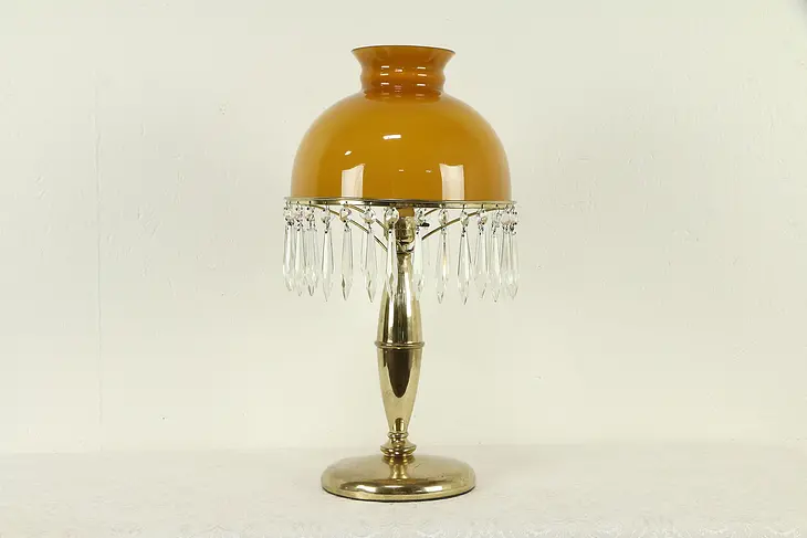 Caramel Cased Glass Shade Antique Brass Lamp, Cut Prisms #31788