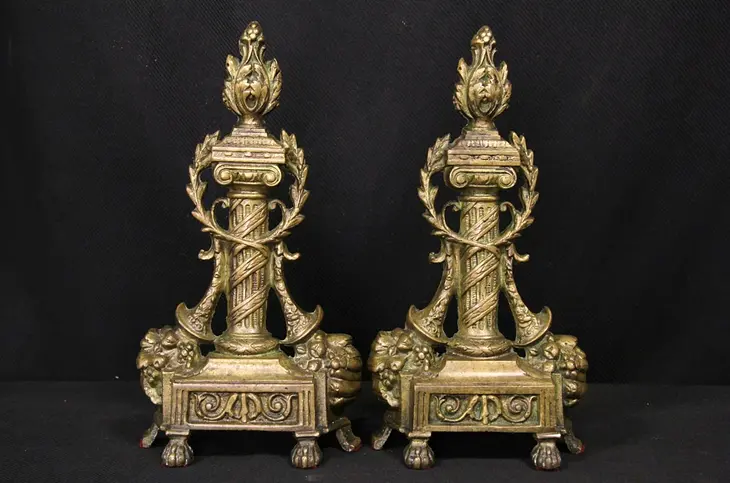 Pair of French Bronze 1850 Antique Fireplace Chenets or Fire Dogs