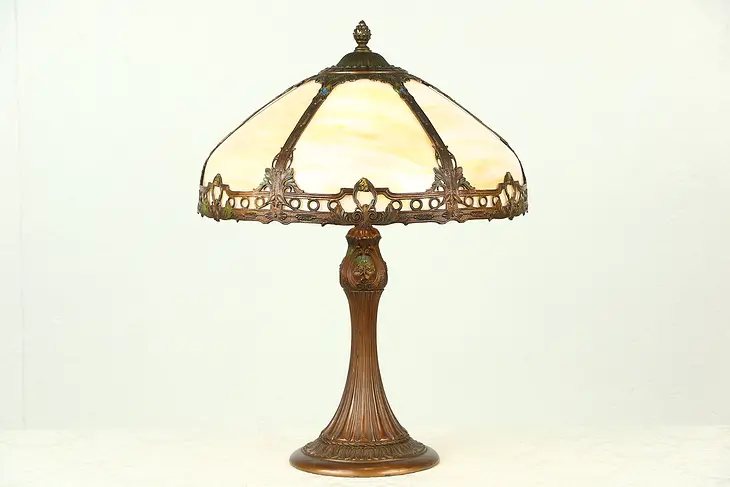 Hand Painted 1915 Antique Lamp, Stained Glass Curved Panel Shade