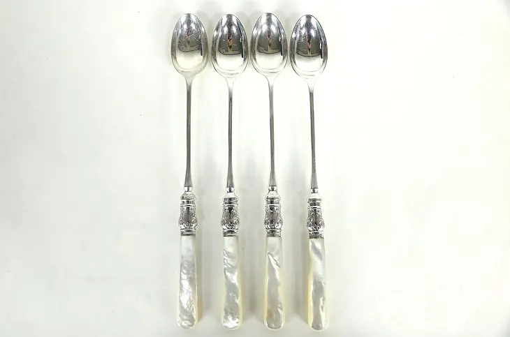 Set of 4 Mother of Pearl & Silverplate English Signed Ice Tea Spoons