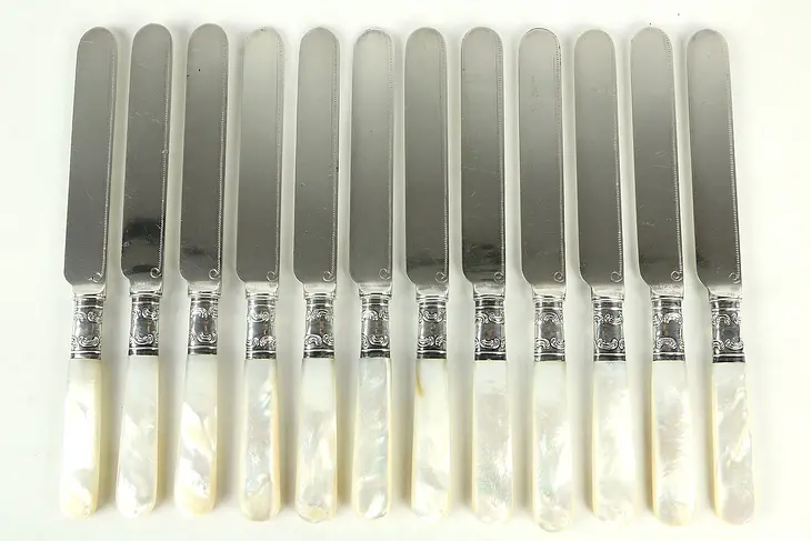 Set of 12 Mother of Pearl & Silverplate Antique 1900 Luncheon or Dinner Knives