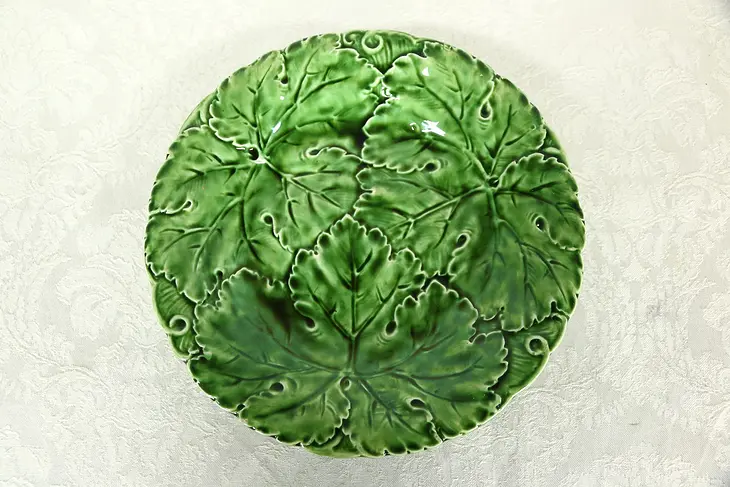 Majolica Antique Green Leaf Footed Cake Stand or Serving Plate, Czech