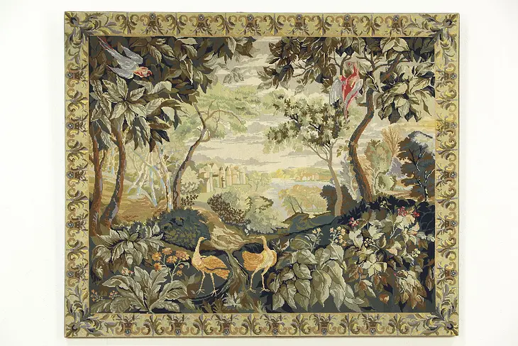 Needlepoint Vintage Tapestry, Peacocks, Parrots & Castle, Scandinavia